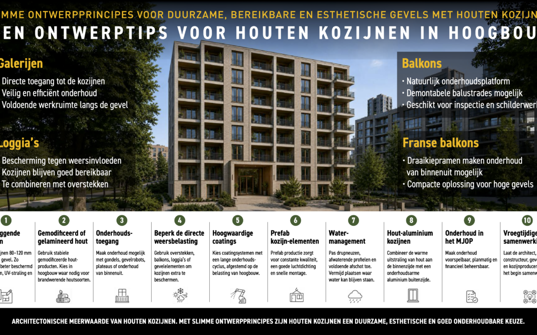 Tien ontwerpprincipes voor houten kozijnen in hoogbouw met galerijen, balkons, loggia’s en aandacht voor onderhoud.