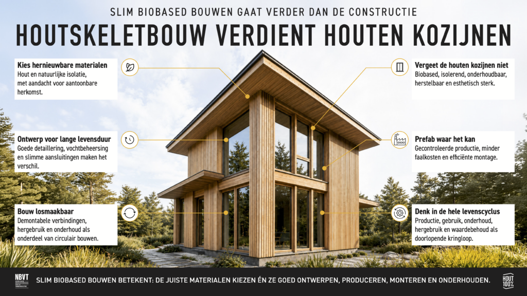 Zes uitgangspunten voor biobased bouwen met houten kozijnen in houtskeletbouw, van materiaalherkomst tot levenscyclus.