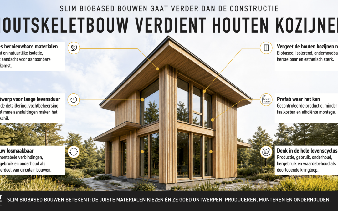Zes uitgangspunten voor biobased bouwen met houten kozijnen in houtskeletbouw, van materiaalherkomst tot levenscyclus.