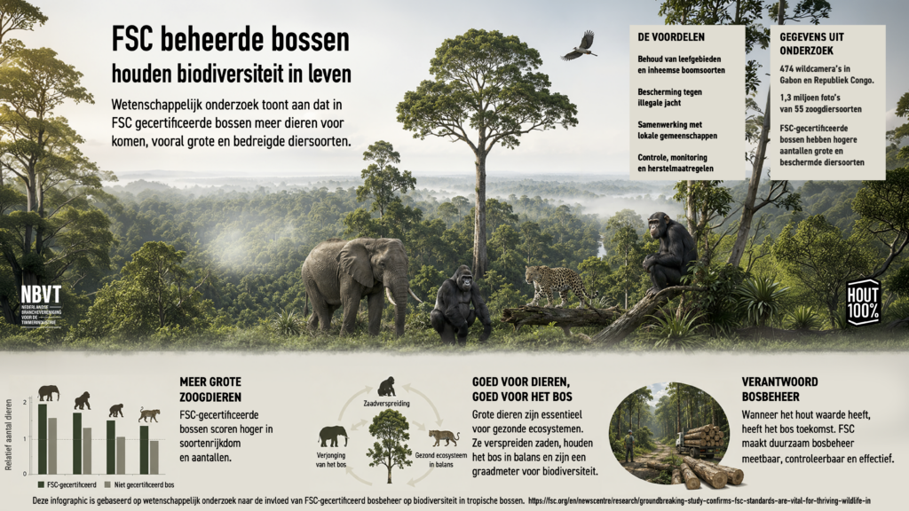 Cyclus van verantwoord bosbeheer met natuurlijk bos, selectieve oogst, houtverwerking, boomkwekerij en lokale gemeenschappen.